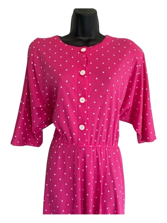Vintage 80's Pink Polka Dot Button Front Dress Size L - Picture 4 of 10